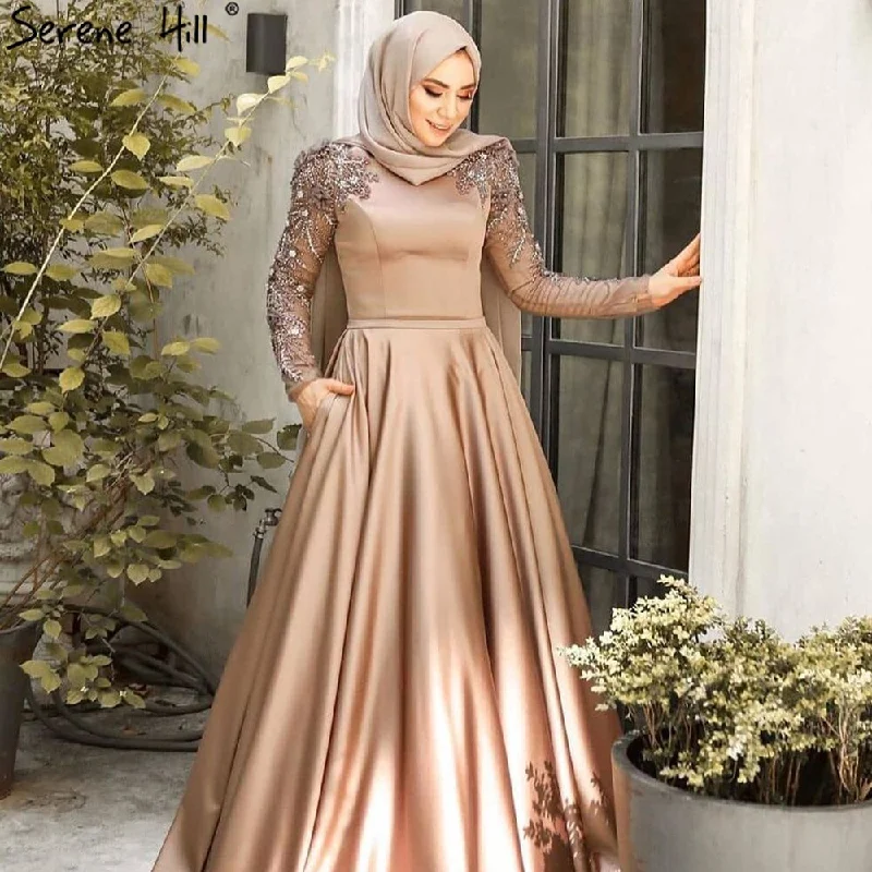 Price Blitz Serene Hill Muslim Gold Luxury Evening Dresses Gowns 2024 Beading Luxury For Women Wedding Party LA71069