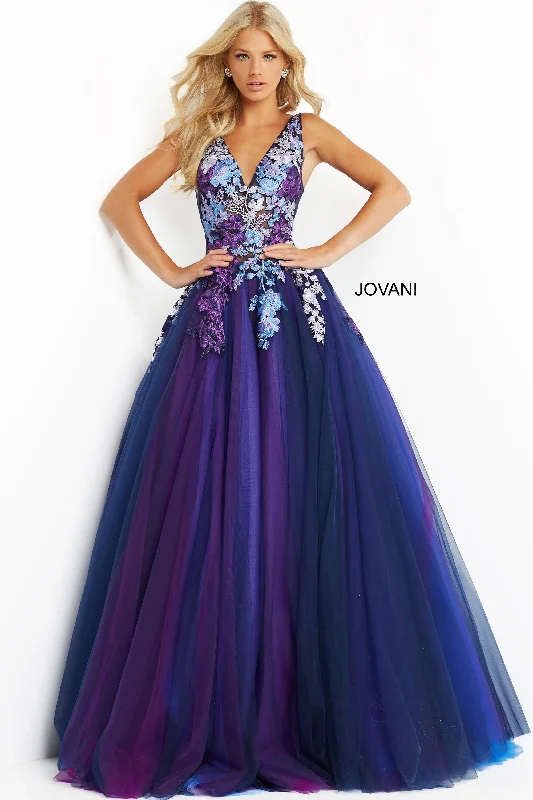 Value Deals Jovani 06807 Navy Multi Long Prom Dress Ballgown Embroidered Flowers Tulle Skirt