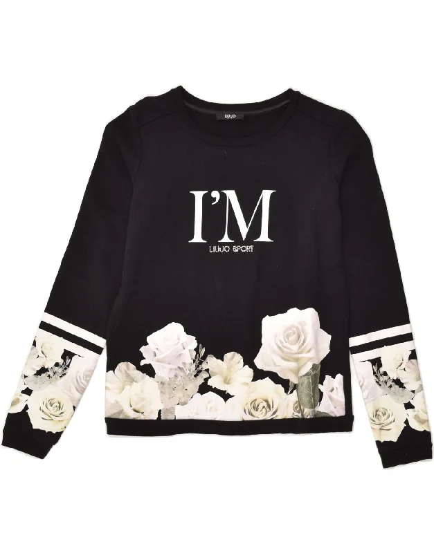Best Deals LIU JO Womens Graphic Sweatshirt Jumper UK 10 Small Black Floral Cotton