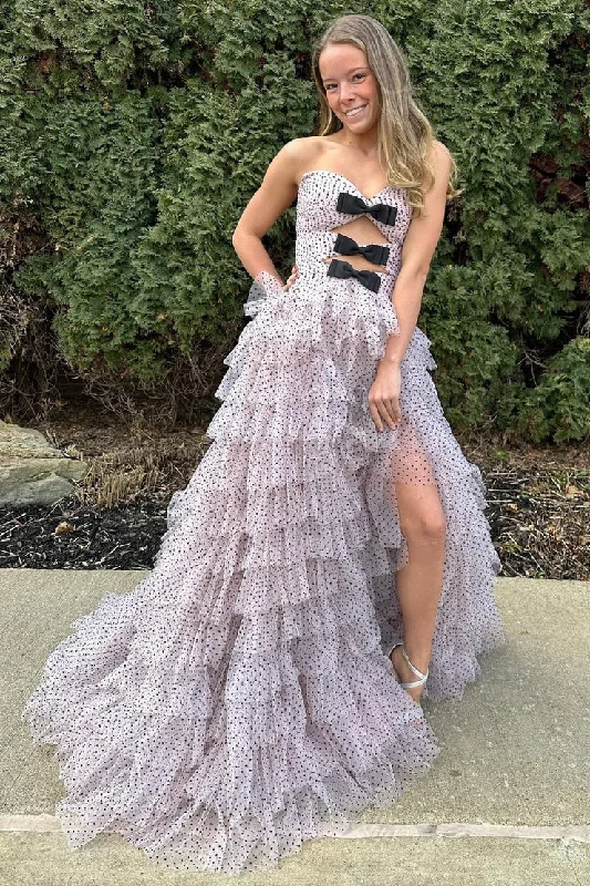 Grand Opening Sale Polka Dot A-Line Sweetheart Ruffle Tulle Long Prom Dresses