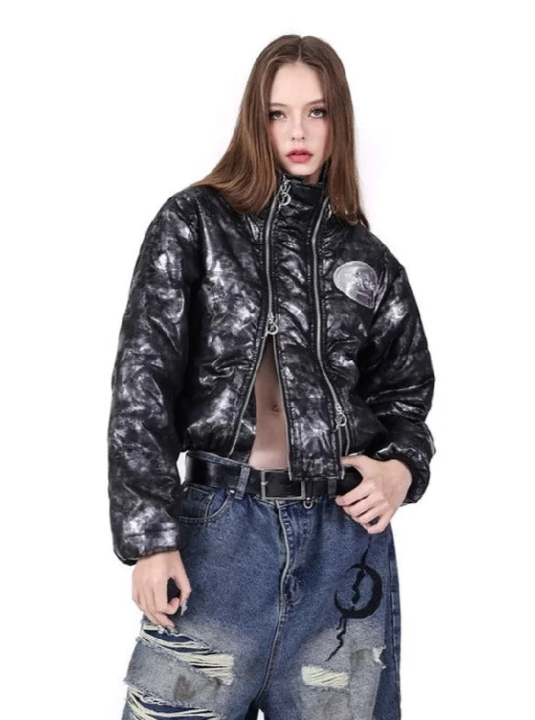 Incredible Offers PINKSPINK Metallic Skull Puffer Jacket - Black/Silver