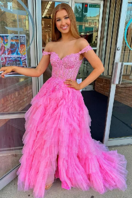 Factory Direct Sale Pink Off - the - Shoulder Tulle Ruffle Long Prom Dresses