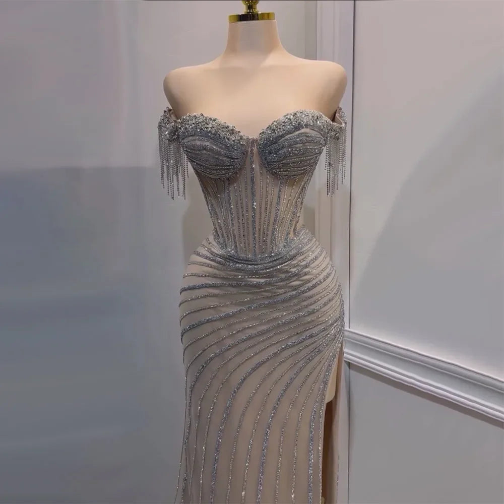 Steals and Deals Serene Hill sliver nude Boat Neck Split Mermaid Elegant Beaded Tassel Evening Dresses Gowns For Woman Wedding Party 2024 LA72391 Steals and Deals Serene Hill sliver nude Boat Neck Split Mermaid Elegant Beaded Tassel Evening Dresses Gowns For Woman Wedding Party 2024 LA72391