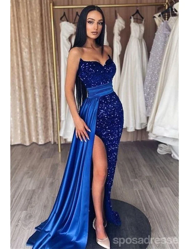 Instant Discount Sexy Blue Mermaid Sweetheart High Slit Cheap Long Prom Dresses,13014