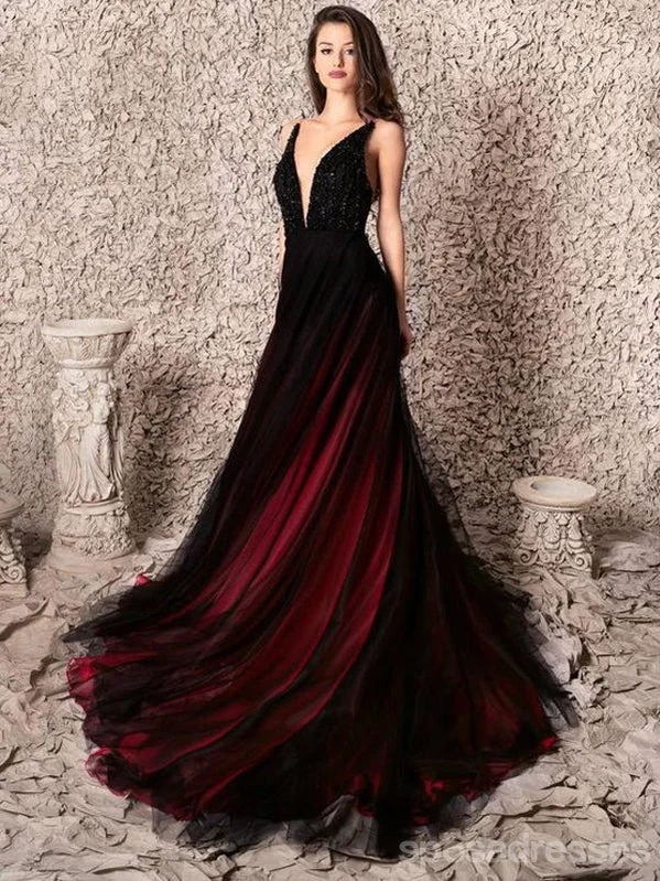Best Seller Black Red A-line Deep V-veck Cheap Long Prom Dresses Online,12949