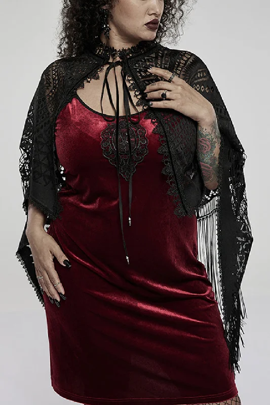 Can't Miss Black Openwork Lace Embroidery Pattern Decoration Hem Fringed Design Elasticated Neckline Women's Gothic Shawl