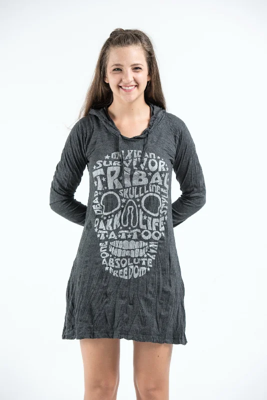 Deal Explosion Sure Design Women's Tribal Skull Hoodie Dress Silver on Black