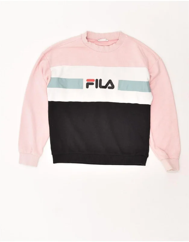 Deal of the Day FILA Womens Graphic Sweatshirt Jumper UK 10 Small Pink Colourblock Cotton