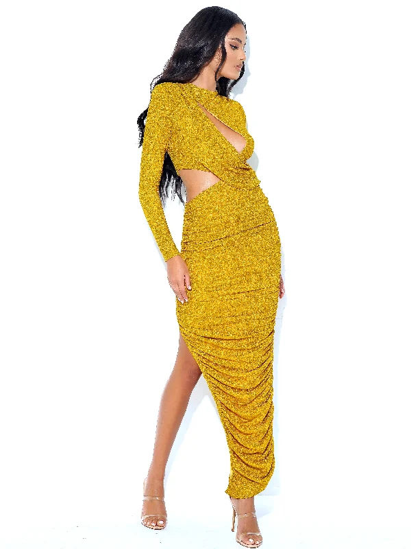 Year-End Clearance Payson Gold Long Sleeve Metallic Jersey Cutout Dress