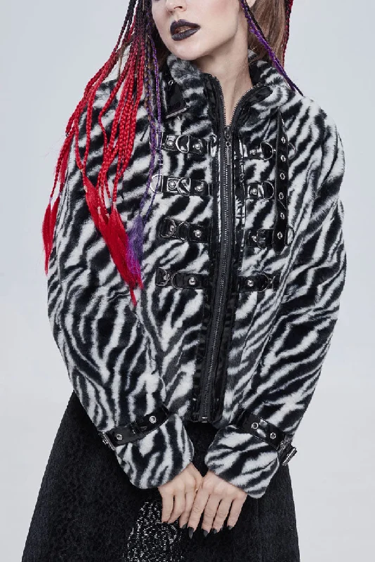 Holiday Sale Black/White Stripe Design Shiny Belt With D-Shaped Buckle Decoration Padded Women's Punk Jacket