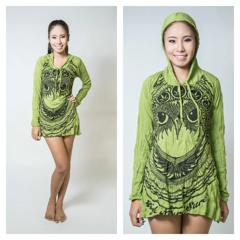 Weekend Deal Sure Design Women's Weed Owl Hoodie Dress Lime