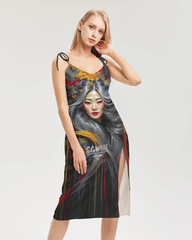Big Savings Asian collection [Part 1] Women's All-Over Print Tie Strap Split Dress