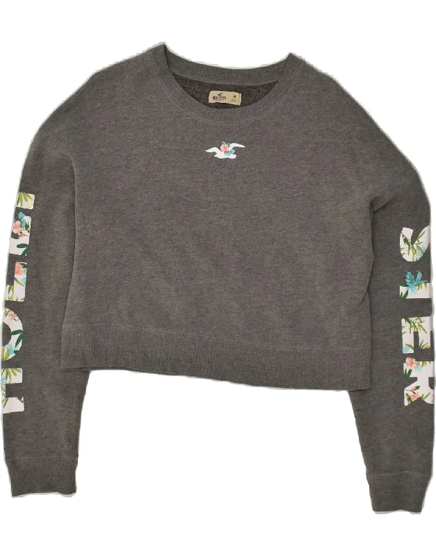 New Markdowns HOLLISTER Womens Crop Graphic Sweatshirt Jumper UK 12 Medium Grey Cotton