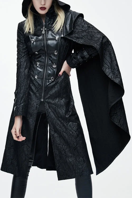 Price Meltdown Black Punk Hooded One Side Shawl Gothic Pattern Womens Leather Long Coat