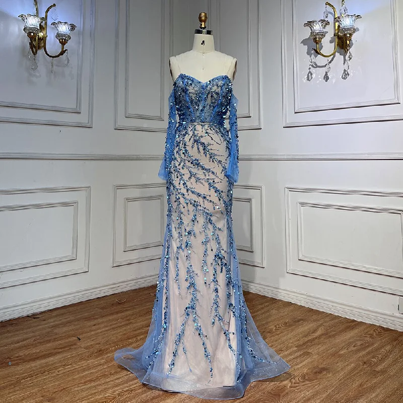 Limited Availability Serene Hill Blue Boat Neck Long Sleeves Mermaid Evening Dresses 2024 Formal Gowns For Women Wedding Party LA71653C