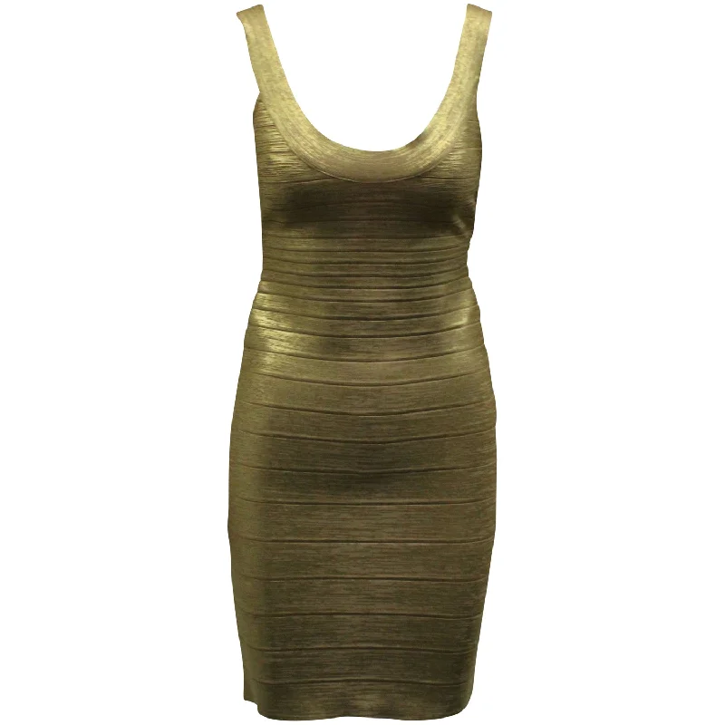 Final Clearance Herve Leger Scoop Neck Bandage Foil Dress in Gold Rayon