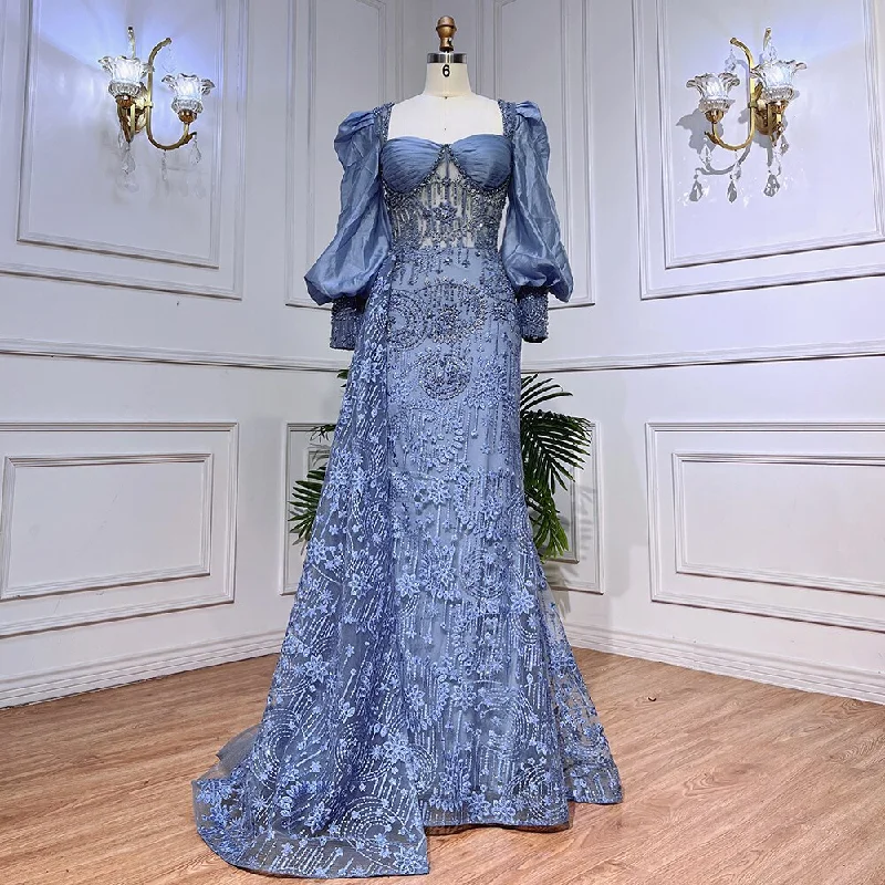 Low Prices Serene Hill Blue Mermaid Lace Beaded Formal Evening Dresses With Balloon Sleeves For Woman Wedding  Party Gowns LA72034