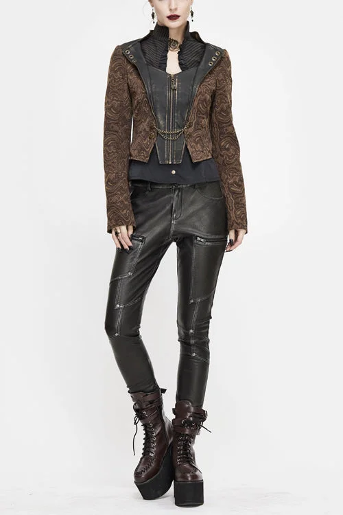 Quick Sale Brown Jacquard Slim Print Short Womens Punk Jacket