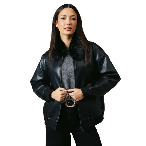 Closeout Sale Principles Womens/Ladies Leather Faux Fur Collar Bomber Jacket