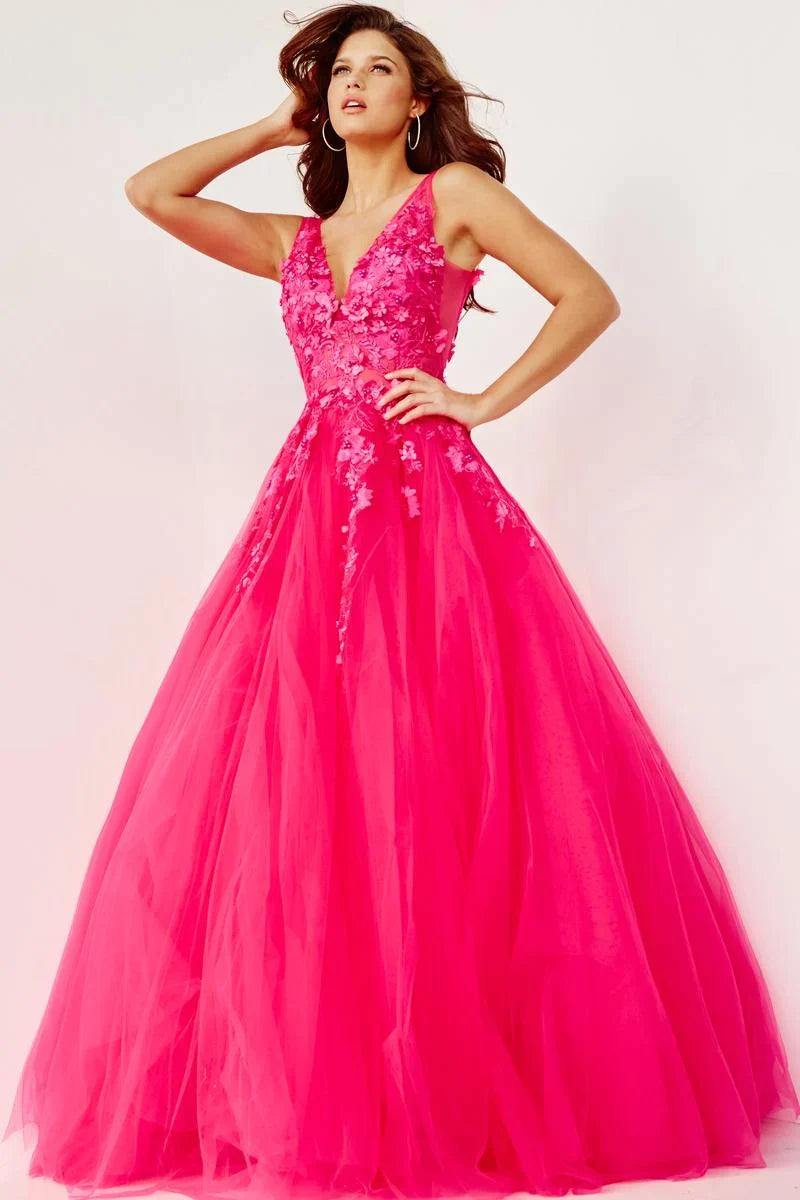Daily Specials Jovani 55634 Size 00, 10 Fuchsia floral appliques prom dress ballgown Lace Tulle Long V Neck Daily Specials Jovani 55634 Size 00, 10 Fuchsia floral appliques prom dress ballgown Lace Tulle Long V Neck