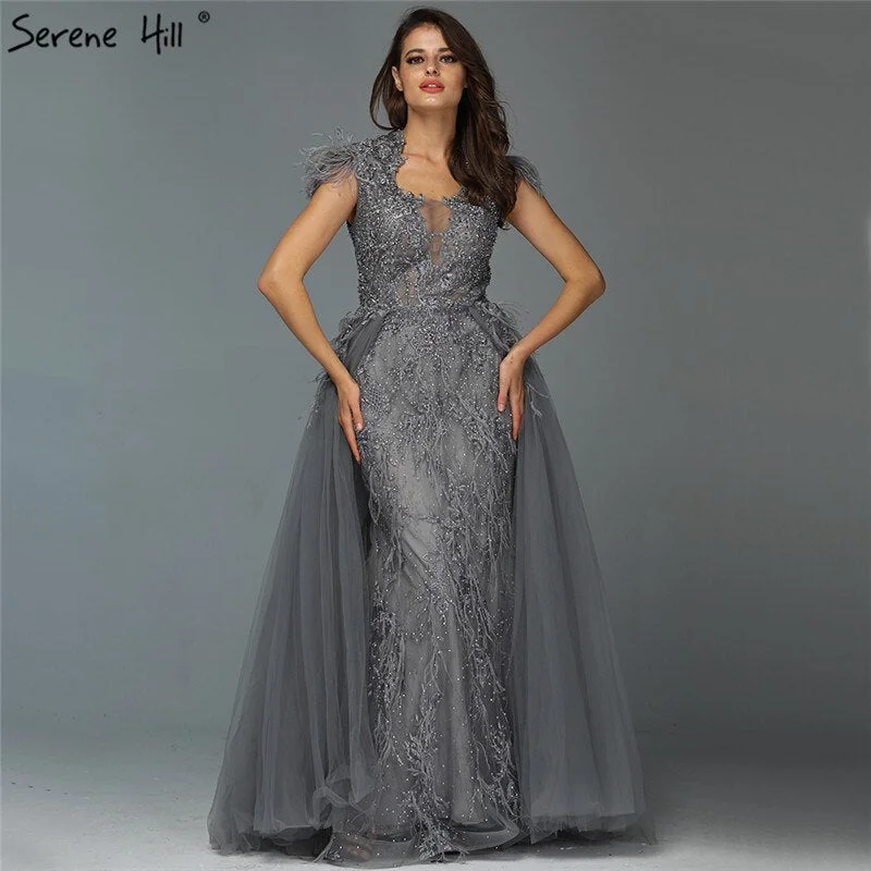 Customer Appreciation Sale Dubai Grey Sleeveless Tulle Evening Dresses Design 2024 Crystal Feathers Luxury Formal Dress Serene Hill LA70020