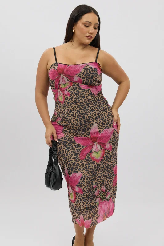 Value Deals Multi Animal Print Mesh Leopard And Floral Bodycon Trim Dress