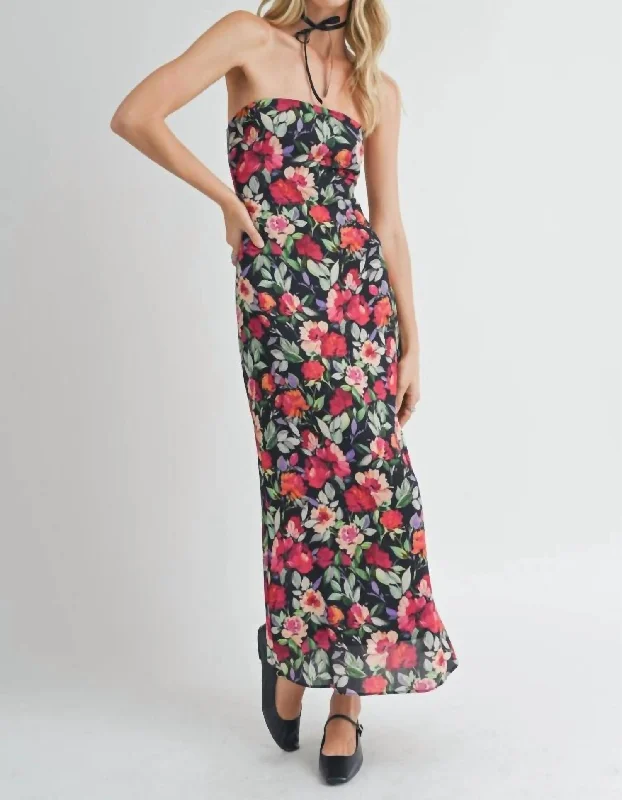 Unbeatable Prices Night Out Strapless Floral Midi Dress In Black Multi
