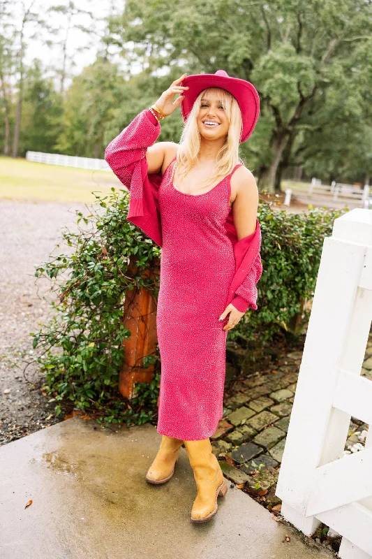 One-DAY Sale Pink Knit Maxi Dress with Clear Iridescent All Over Rhinestones