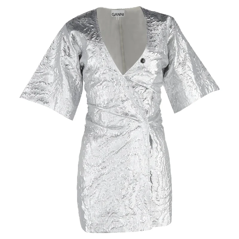 Warehouse Sale Ganni Metallic Cloqué Mini Wrap Dress in Silver Polyester