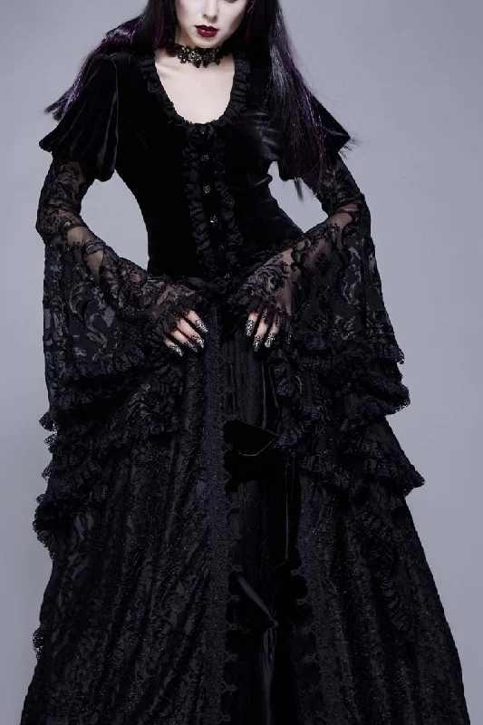 Unbeatable Prices Black Metal Buckle Collar Front Chest Hollow-Out Flare Sleeve Lace Cuff Dress Hem Women's Gothic Coat Unbeatable Prices Black Metal Buckle Collar Front Chest Hollow-Out Flare Sleeve Lace Cuff Dress Hem Women's Gothic Coat