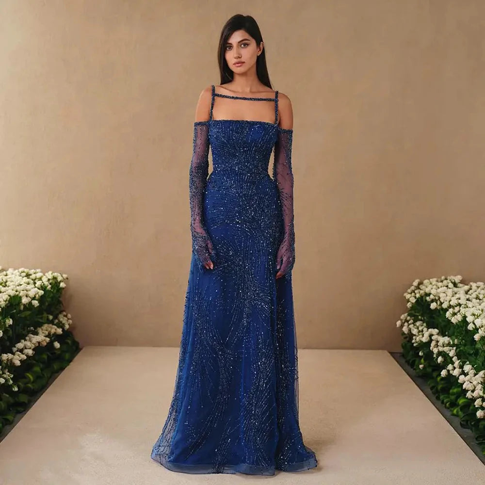 Price Break Serene Hill Arabic Navy Blue A-Line Spaghetti Strap Beaded Long Evening Dresses for Women Elegant Party 2024 LA72469