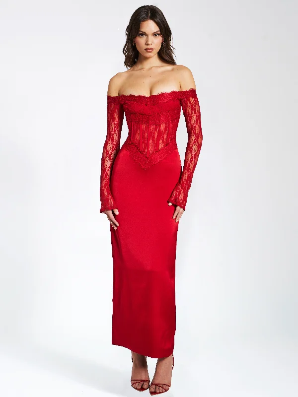 Best Bargains Nessa Red Lace Satin Corset Maxi Dress