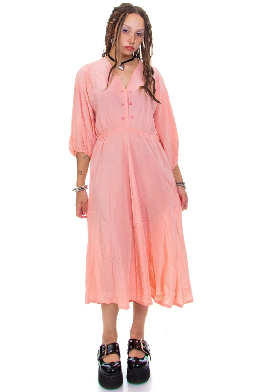 Weekend Flash Sale Vintage 70's Pink Silk Button Maxi Dress - S/M