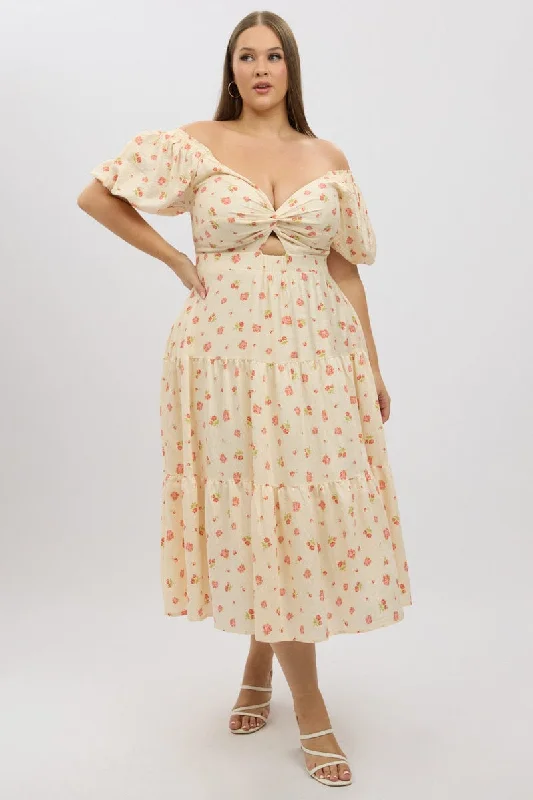 Weekend Deal Pink Floral Midi Dress Short Sleeve Floral Twist Front