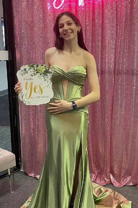 Savings Galore Sage Green Strapless Satin Mermaid Long Prom Dresses