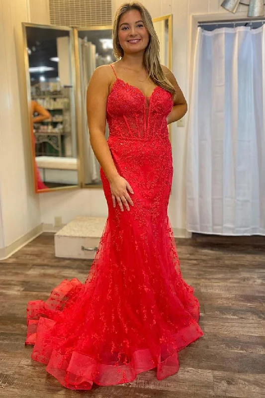 Buy More, Save More Red Tulle Lace V Neck Mermaid Long Prom Dresses