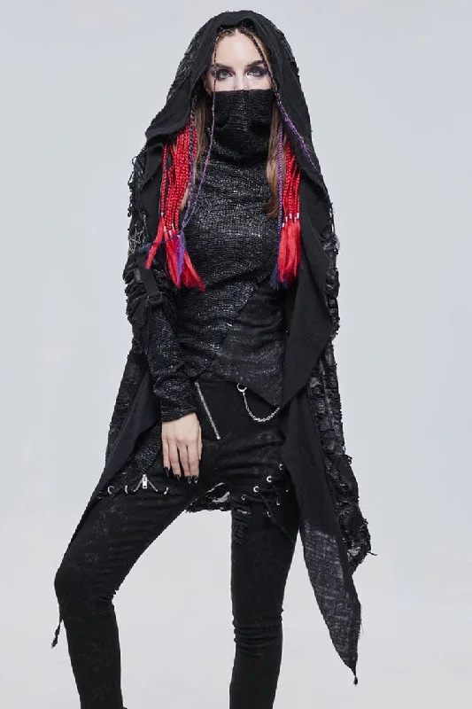 Price Smash Black Punk Diablo Hole Design Cross Shape Stitching Transparent Mesh Metal Decoration Knitted Women's Coat