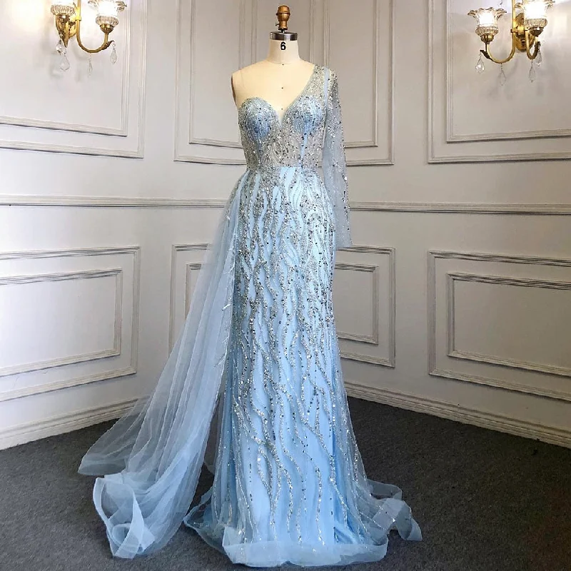 Closeout Serene Hill Blue Mermaid Sexy Elegant One Shoulder Evening Dresses Gowns Beaded Luxury  2024 For Women Party LA71629