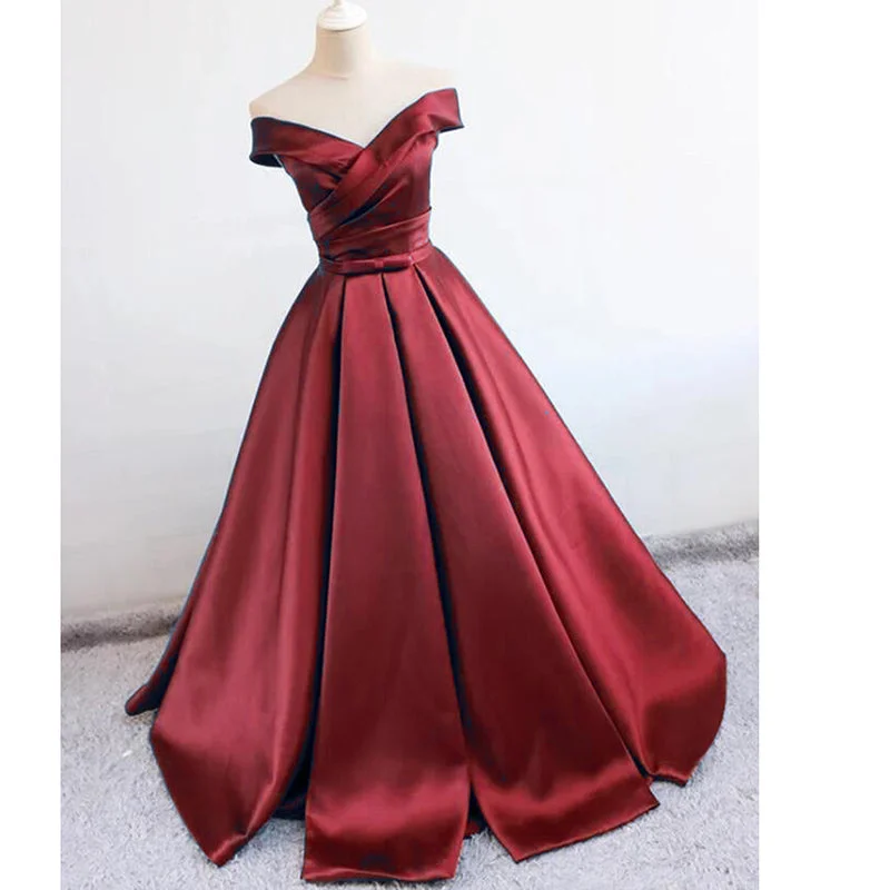 Super Sale Elegant Off the Shoulder A Line Satin Wine Red Prom Dresses 2020 robe de soirée Super Sale Elegant Off the Shoulder A Line Satin Wine Red Prom Dresses 2020 robe de soirée