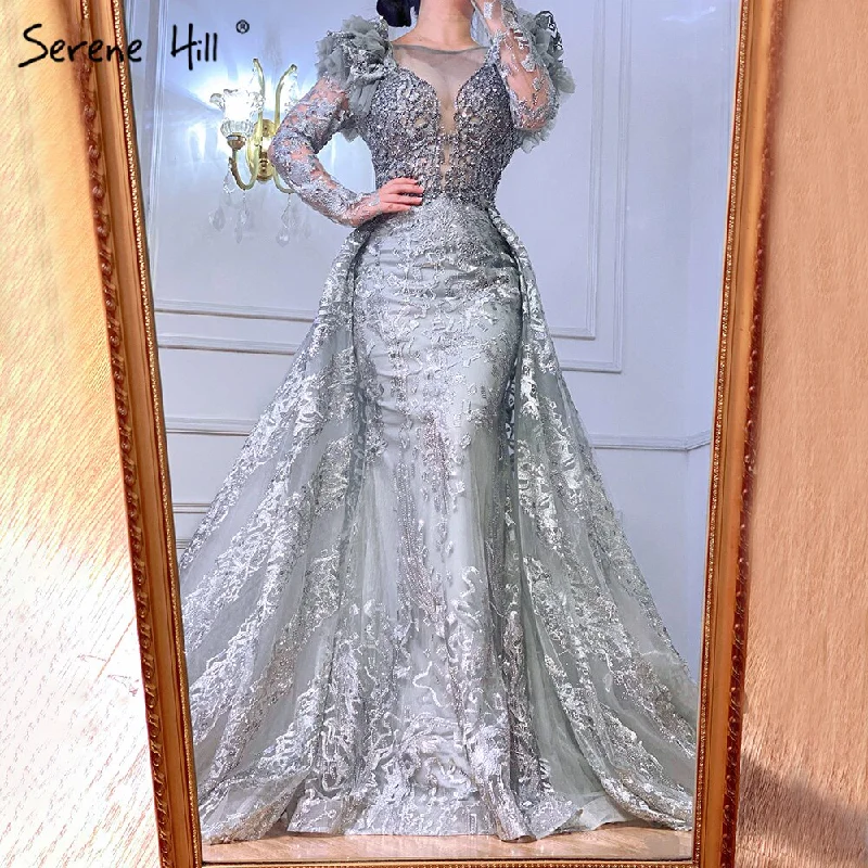 Buy More, Save More On Sale  no return no refundSerene Hill Muslim Grey Mermaid Evening Dresses Gowns 2024 Lace Beaded Crystal With Overskirt For Woman Party  LA71172