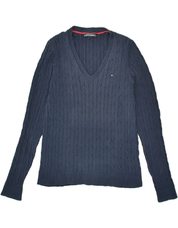 Best Bargains TOMMY HILFIGER Womens V-Neck Jumper Sweater UK 10 Small Navy Blue Cotton