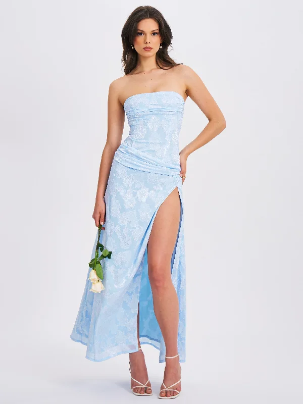 Super Bargain Xatia Baby Blue Jacquard Textured High Slit Maxi Dress