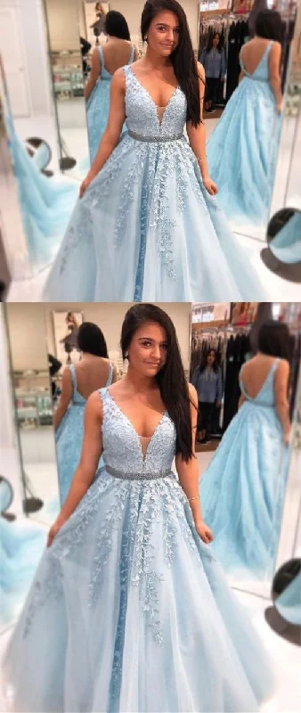 Markdowns light blue v-neck long A-line prom dress new arrive ball gown, BD1630