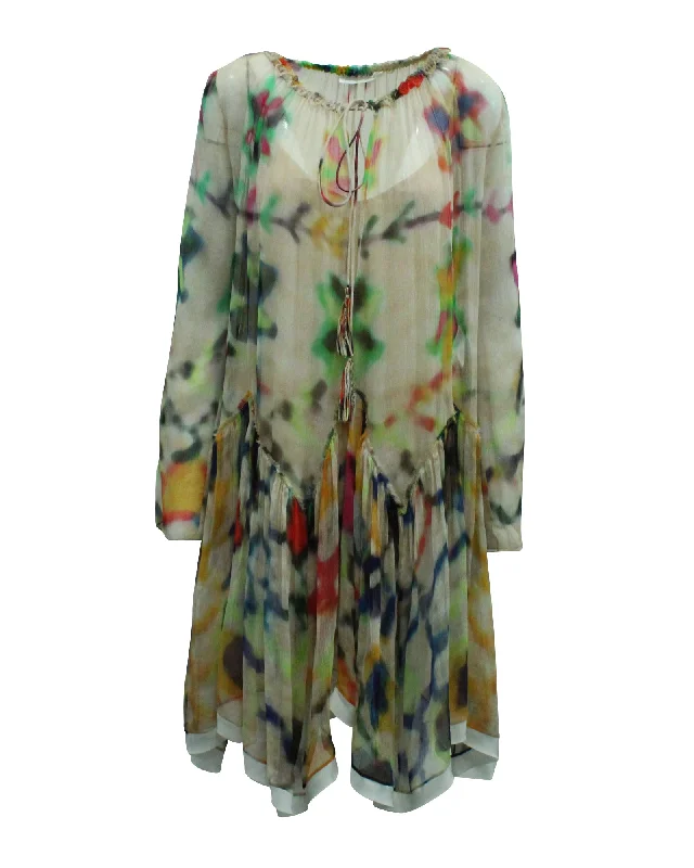 Overstock Chloe Tie Dye Print Peasant Dress in Multicolor Silk