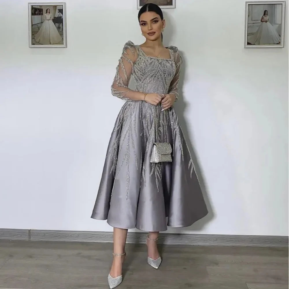 Savings Event Serene Hill Arabic A Line Luxury Satin Lace Beaded Gray Midi Tea Length Evening Dresses Gowns Formal Woman Wedding Party LA72240