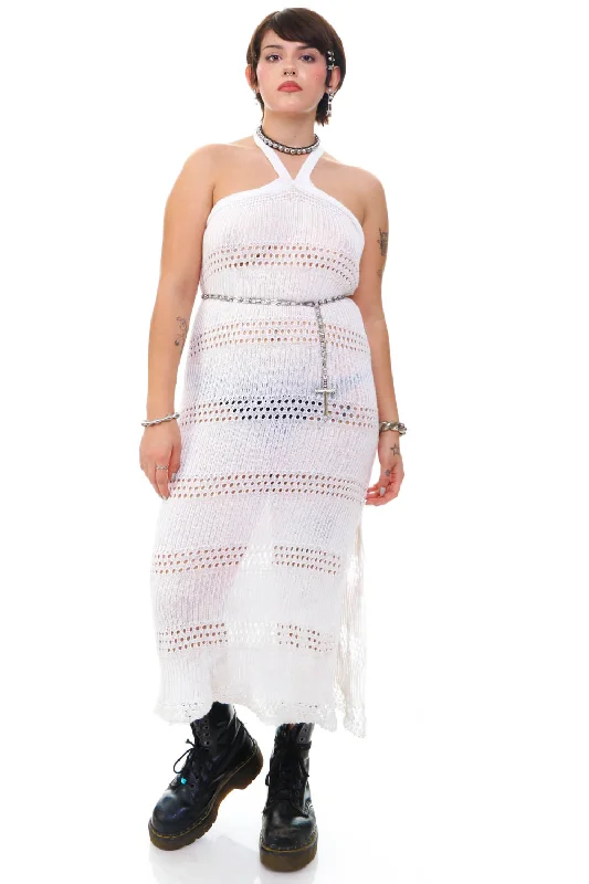 Weekend Deal Vintage Y2K White Crochet Knit Halter Dress - M/L