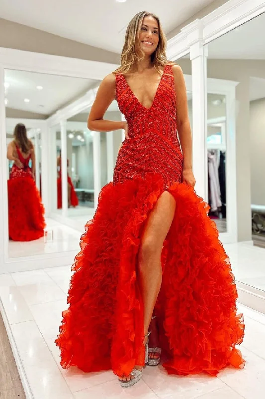 Super Bargain Red Mermaid V Neck Sequins Ruffle Long Prom Dresses