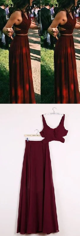 Price Drop two pieces burgundy chiffon simple long prom dress, PD0203