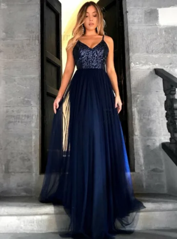 Today Only spaghetti straps navy sequin top long prom dress, PD5889