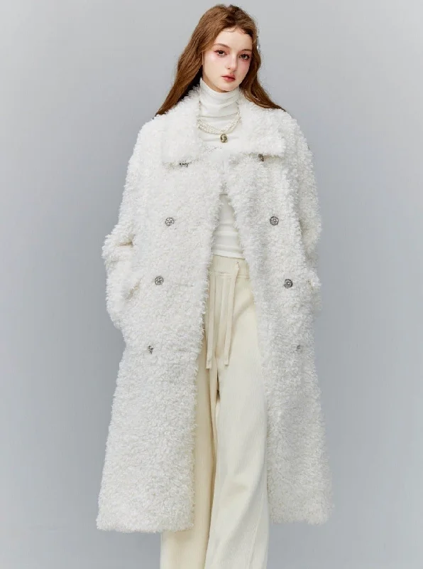 Limited Quantity Luxurious White Teddy Bear Coat: Double-Breasted Faux Fur Longline Outerwear Limited Quantity Luxurious White Teddy Bear Coat: Double-Breasted Faux Fur Longline Outerwear